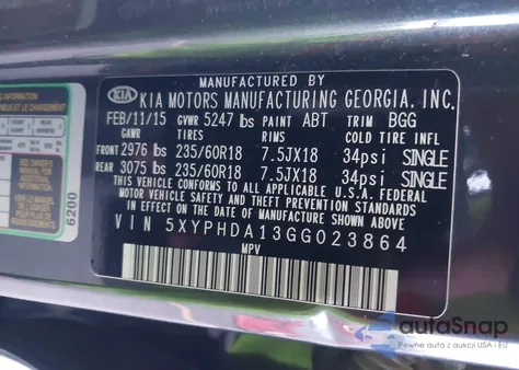 2016 Kia Sorento 2.0T Ex from USA, damaged, VIN 5XYPHDA13GG023864